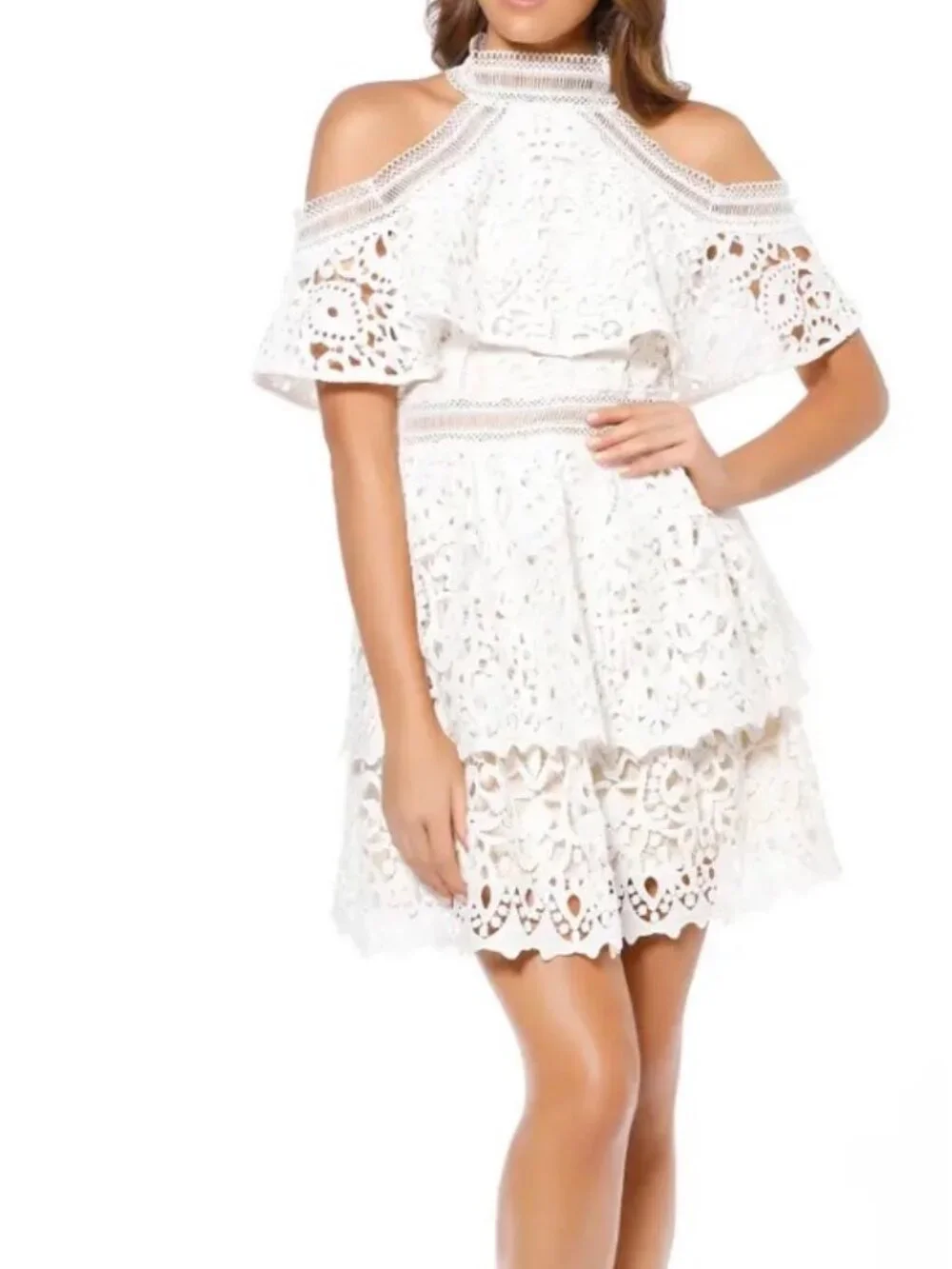 NWT Elliatt White Crochet Lace Cold Shoulder Minidress (Bridal). Size M
